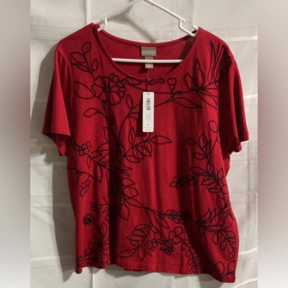 NWT CHICO’S FLORAL EMBROIDERY SCOOP NECK SHIRT SLEEVE PULLOVER STYLE# 570315561